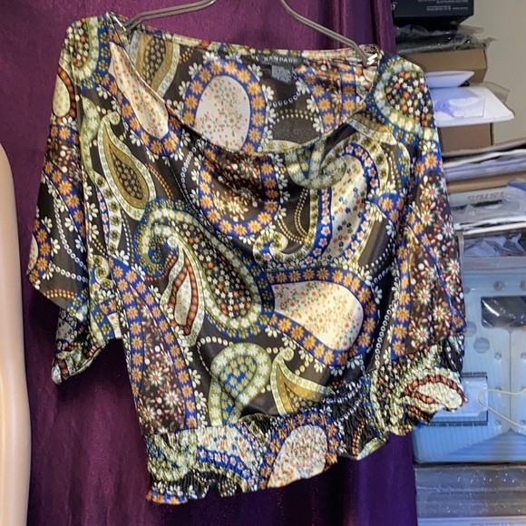 90s Rampage Top One shoulder Satin Paisley print Brown Smocked Waist Size L - Picture 6 of 11